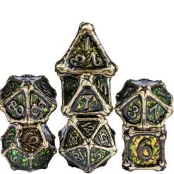 Colorful Metal Poly Dragon Bones Green, Yellow /Gold (7) Terningsett