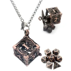 Hollow D6 Necklace with tiny Metal Poly Ancient Copper Dice Set (7)