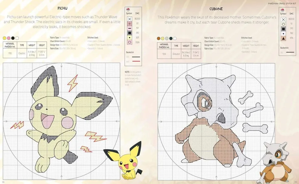 PokeMon Cross Stitch Kit: Includes Patterns and Materials to Stitch Pikachu & Piplup, & Evee, and Charts for 16 Other PokeMon Projects