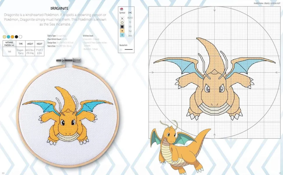PokeMon Cross Stitch Kit: Includes Patterns and Materials to Stitch Pikachu & Piplup, & Evee, and Charts for 16 Other PokeMon Projects